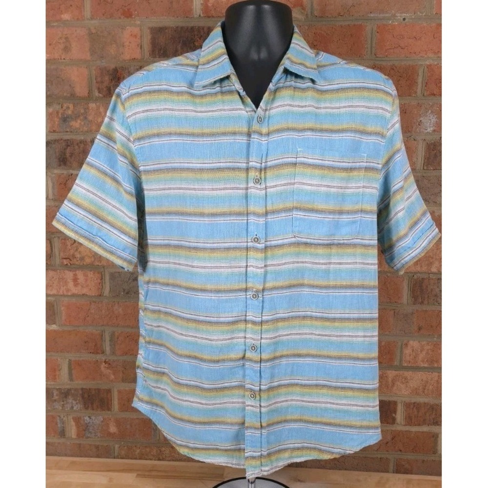 Carbon 2 Cobalt Mens M Blue Green Stripe Short Sleeve Mirador Cotton Shirt